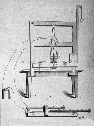 Sketch of the first telegraph of American inventor Samuel Finley Breese Morse. Engraving of the 19th century by Unknown artist
