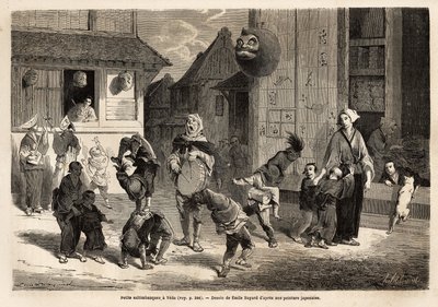 Small saltibanks performing acrobatic numbers in music in the streets of Yedo (Edo, present-day Tokyo). Engraving to illustrate the voyage to Japan, in 1863-1864, by Aime Humbert, minister of the Swiss Confederation, in Le tour du monde by Unknown artist