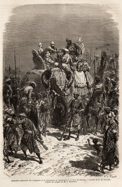 Solemn meeting and hand-held on the back of an elephant, between the team of travelers and the Maharajah of Chutterpore, at the fair of Kajraha. Engraving to illustrate the voyage in India of the Rajahs, by Louis Rousselet, in 1864-1868, published in “Le t by Unknown artist