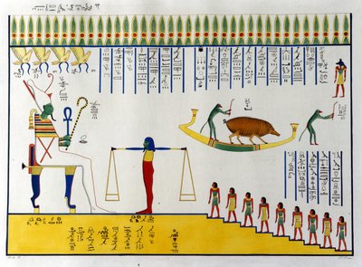 Souls are weighed by Osiris then depending on the judgment fly to join free spirits or return to animal bodies to resume the fatal cycle of migrations. Tomb of Biban-el-Moluk by Unknown artist
