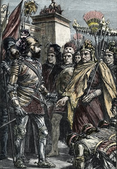 Spanish Conquest of Mexico: meeting between Hernan Cortes and Montezuma II in 1519 by Unknown artist