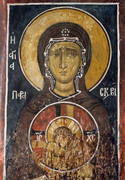 St Paraskevi, personification of Good Friday holding icon of Christ of Supreme Humility, fresco, Byzantine church of Our Lady of Asinou, Troodos mountains, Cyprus (1332-1333) by Unknown artist