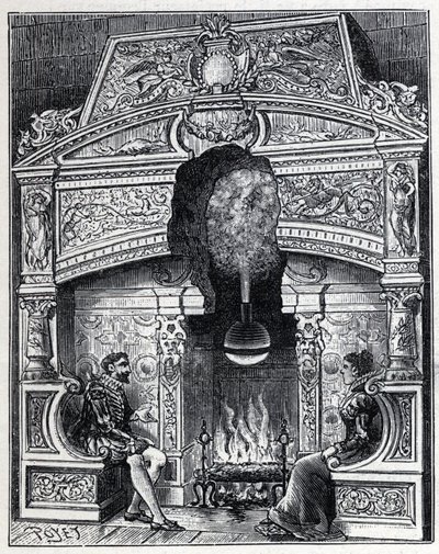 Steam and solar heat: Eolipyl fireplace, steam and reaction machine system originally designed by Heron of Alexandria. Engraving in 