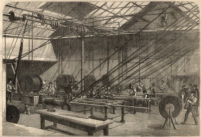 Telegraphy: manufacture of transatlantic cable. Machines coating the gutta percha cable in the Glass, Elliot and Company factory on Wharf Road in London, England. Engraving in 