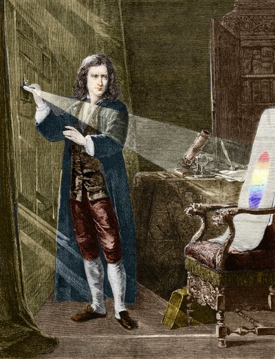 The English physicist Isaac Newton (1642-1727) decomposing light with a prism of glass. Engraving from 1880 by Unknown artist
