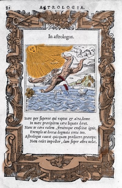 The Fall of Icarus. Colourful Xylography of the 16th century by Unknown artist
