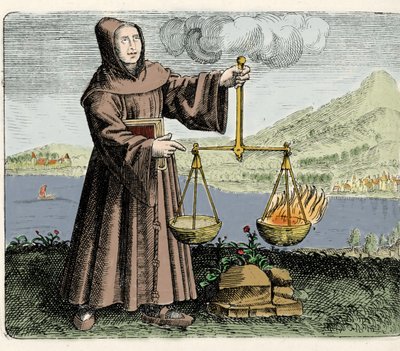 The Franciscan monk, philosopher and alchemist Roger Bacon (Doctor Mirabilis) (1214-1294) making an experiment. Engraving from 