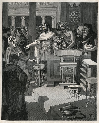 The Roman Emperor Caligula (12-41) in a brocanter in Roman Gaul. Engraving from 1885 in 