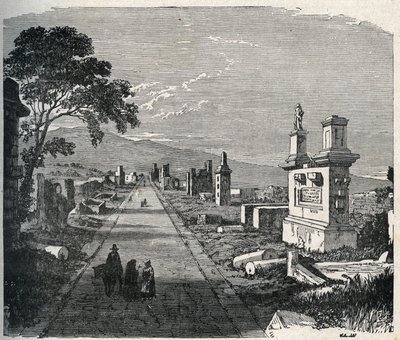 The ancient Appian route, via Appia crossing the Pontine Marshes (Agro Pontino) near Rome. Engraving of the 19th century. by Unknown artist