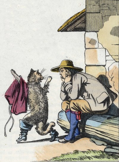 The cat asks his master for clothes and boots and promises to be rich soon. Illustration of Charles Perrault