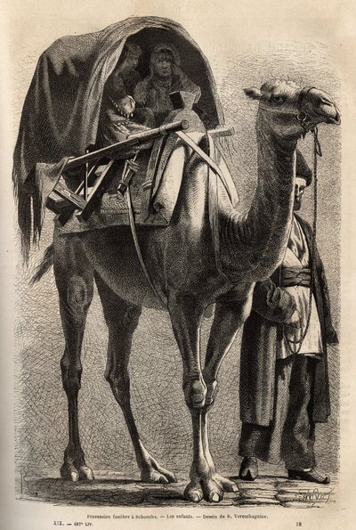 The commemorative procession of the martyr of Hossein, after the passing of martyrs and penitents, women take part in the procession, half hiding on camels, guided by the head of the family. Engraving to illustrate the voyage in the provinces of the Caucas by Unknown artist