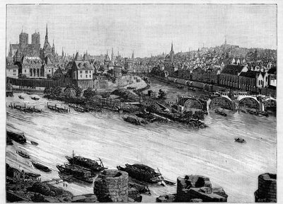 The construction of the Pont Neuf in Paris passing through the Square du Vert-Galant at the end of the Île de la Cité. The first works in 1578. Engraving in 