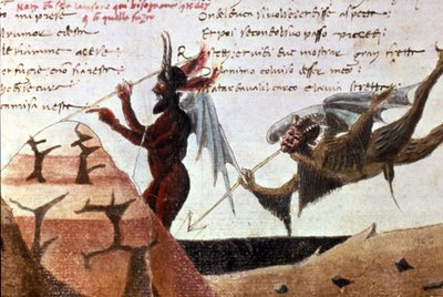 The devils in a circle of hell after a handwritten edition of the Divina Commedia (Divine Comedy) by Dante Alighieri (1265 - 1321) of the 14th century. Bibl.Trivulziana Milan by Unknown artist