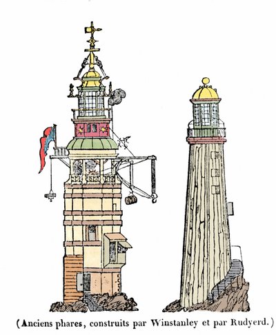 The first and second lighthouse in Eddystone. The first, built in 1696, disappeared one night of storm in 1703; the second collapse in 1775 due to a fire by Unknown artist