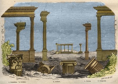 The five orders of classical architecture: Corinthian, Doric, Ionic, Tuscan and composite, each represented by a column. Engraving from 1857 in Le Musee Des Sciences by Unknown artist