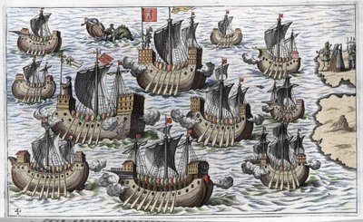 The Fleet of Christopher Columbus to Conquer the New World - in Nova Tipus Transacto Navigatio Novi Orbi by Philoponus Honorius by Unknown artist