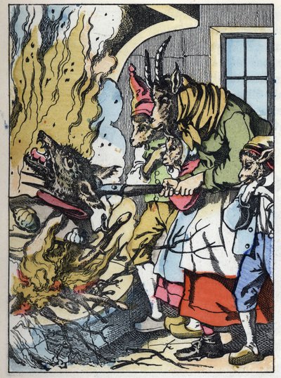 The goat kills the wolf in the chimney. Illustration of the tale 