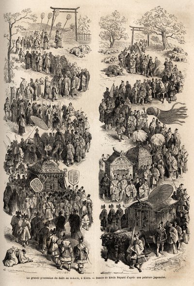 The grand procession of the Mikado (Emperor of Japan), at the dairi, the ancient imperial castle of Heian-kyo (present-day Kyoto) from 794 to 1869. Engraving to illustrate the voyage to Japan in 1863-1864, by Aime Humbert, minister of the Swiss Confederati by Unknown artist