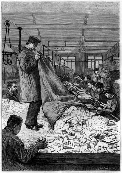 The large tables of letters in the sorting centers of the Hotel des Postes on the Rue du Louvre in Paris. Engraving in the journal 