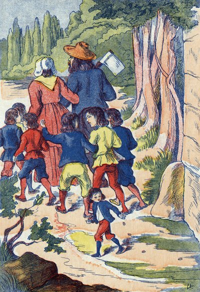 The little thumb sows rocks in his way. Illustration for 