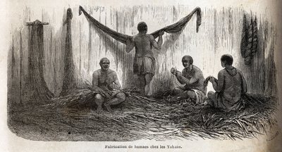 The making of hammocks fillets among the Yahua Indians of Peru, from thin threads of palm chambira tressees. Engraving to illustrate the voyage from the Pacific Ocean to the Atlantic Ocean, through South America, in 1848-1860 by Paul Marcoy, in 