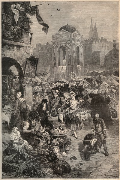 The market and the fountain of the Innocents, Paris in the 18th century - engraving of the 19th century by Unknown artist