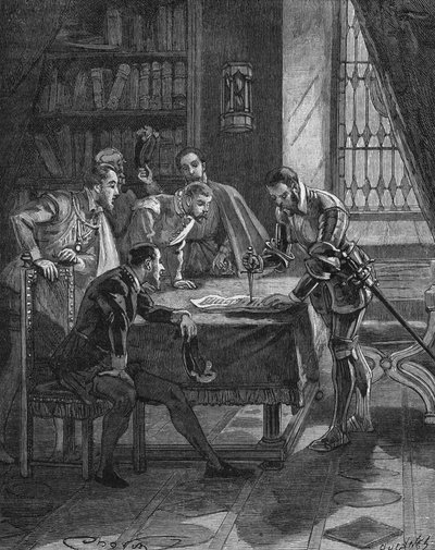 The Marechal of Vieilleville Planting His Dagger in a Patent by Which the King of France Henry II (1519-1559) Gave Him and the Five Lords Present in the Room the Right to the Confiscation of All Loan Sharks and Lutherians of Guienne, Limousin, Quercy and S by Unknown artist
