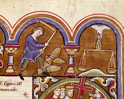The month of September, agricultural work, harvest, wheat threshing with a flower. Detail of a manuscript page from 