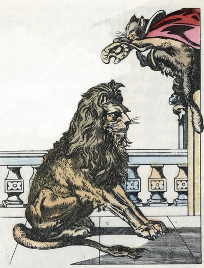 The ogre becomes a lion at the request of the Boot Cat. Illustration of the tale 