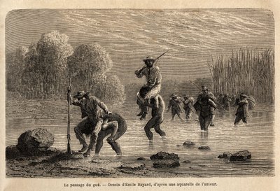 The passage of the gue, the Siriniris Indians, spontaneously propose to carry on their shoulders the members of the expedition, in order to make them cross the ponds formed at the foot of Mount Basiri (Peru). Engraving to illustrate the voyage in the valle by Unknown artist
