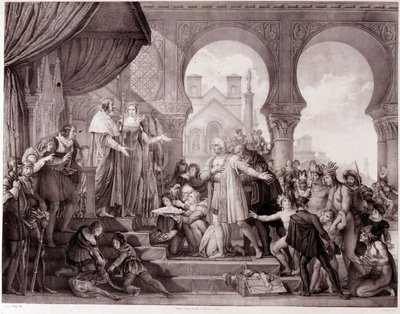 The return of Christopher Columbus to Spain before King Ferdinand II of Aragon and Isabella I of Castile after discovering America. Engraving of the 19th century by Unknown artist