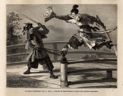 The samurai Yashitsune in balance on the barrier of a bridge, attacks a samurai in armor. Engraving to illustrate the voyage to Japan, in 1863-1864, by Aime Humbert, minister of the Swiss Confederation, in 
