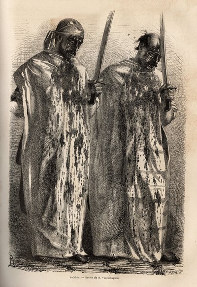 The scars, Muslims in procession during the commemorative feast of the martyrdom of Hossein, hit their head with a sword, each of them covered with a white sheet, to collect the blood flowing from their wounds. Engraving to illustrate the voyage in the pro by Unknown artist