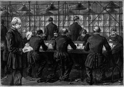 The sorting of correspondence in an office of the Hotel des Postes in the Rue du Louvre in Paris. Engraving in the journal 