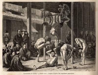 The troupe of the Saltimbanks the gymnasts of Tokyo, they perform under a vast shed or are disposed of bamboo mats, all of them are experienced with these physical exercises but also with the practice of comedy. Engraving to illustrate the journey to Japan by Unknown artist