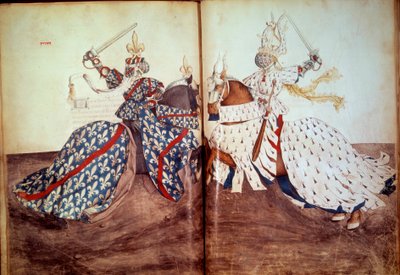 Tournament: Game of the Calling Lord and Defendant Lord (Duke of Brittany and Duke of Bourbon Face). Book of Tournaments (Folio 32v - folio33) by Unknown artist