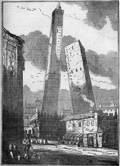 Towers of Bologna - the Asinelli tower and the smaller Garisenda tower - engraving 19th century by Unknown artist