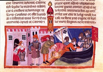 Transport of goods and foodstuff by inland waterway - Miniature from a French codex 