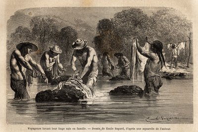 Travellers washing laundry in the river with Bolivian peons near Maniri (Lower Peru). Engraving illustrating a voyage in the valleys of Quinquinas by Paul Marcoy, published in 