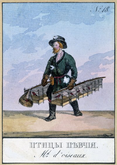 Travelling bird merchant - Engraving of the 19th century by Unknown artist