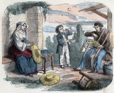 Use of straw in the 19th century: a man garnishes a chair with straw, a woman braids hats (basketry), a child makes soap bubbles with a straw. Engraving late 19th century. by Unknown artist