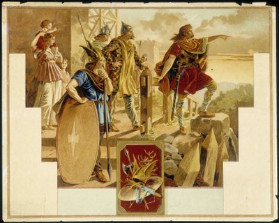 Vercingetorix surrounded by Gauls, warriors, woman and children - Chromolithography by Unknown artist