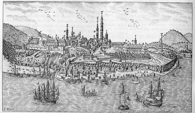 View of Quebec City in Canada (late 17th century): A. Jardin du fort. B. The fort. C. Powder store. D. Les Recollets. E. Ursulines. F. The Jesuites. G. The cathedrale. H. The seminar. I. Hotel Dieu. L. General Hospital. Mr. L