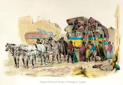 View of a diligence of the Grand Bureau or the Royal Messageries, service instituted by Anne Robert Turgot: loading passengers baggage. Engraving of the 19th century by Unknown artist