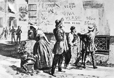 Viva Verdi: Enthusiastic inscriptions for Giuseppe Verdi in Naples (kingdom of the two Sicilies) under the Austrian occupation in 1859, following the ban on his opera 