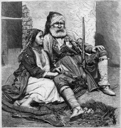 Vlach Types and Costumes (Palicare and Gypsy). From a Photograph of Ch. de Szathmari, from Bucharest. Engraving in 