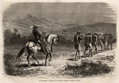 Volunteers on their way to Cali, a long line of men with their hands tied behind their back, connected by a rope to each other, a rope held by a soldier on horseback, who takes them to a military training camp. Engraving to illustrate the voyage to New Gra by Unknown artist