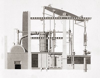 Watt steam machine. Schema. 19th century engraving by Unknown artist