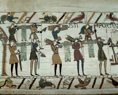 Weapons and wine are brought to the ships during the refuelling for the conquest of England by the fleets of William the Conqueror in 1066 (detail of the Bayeux Tapestry) by Unknown artist