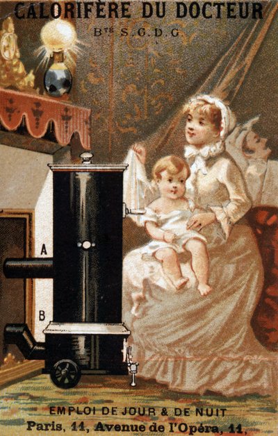Woman and child heating in an interior, advertisement 